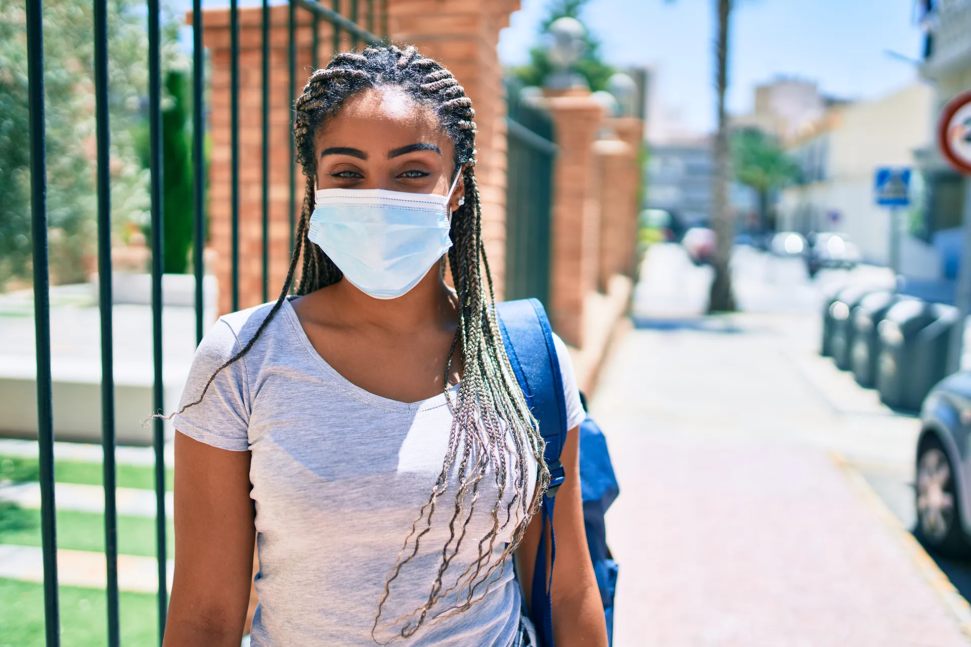 Student outside with n95 mask on